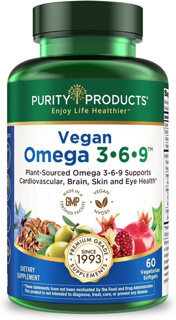 Purity Products — frente del envase mostrando la fórmula vegana y beneficios