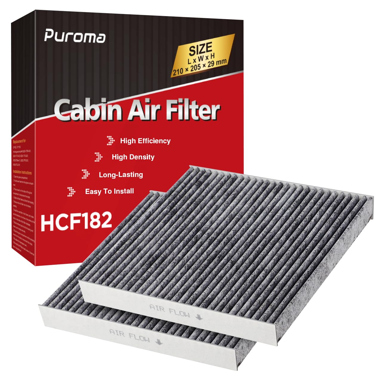Puroma filtro cabina empacado frontal mostrando ajuste y protección