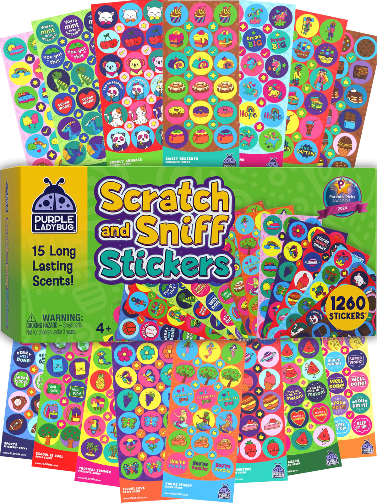PURPLE LADYBUG paquete frontal con 1260 stickers aromaticos, abundancia para clases