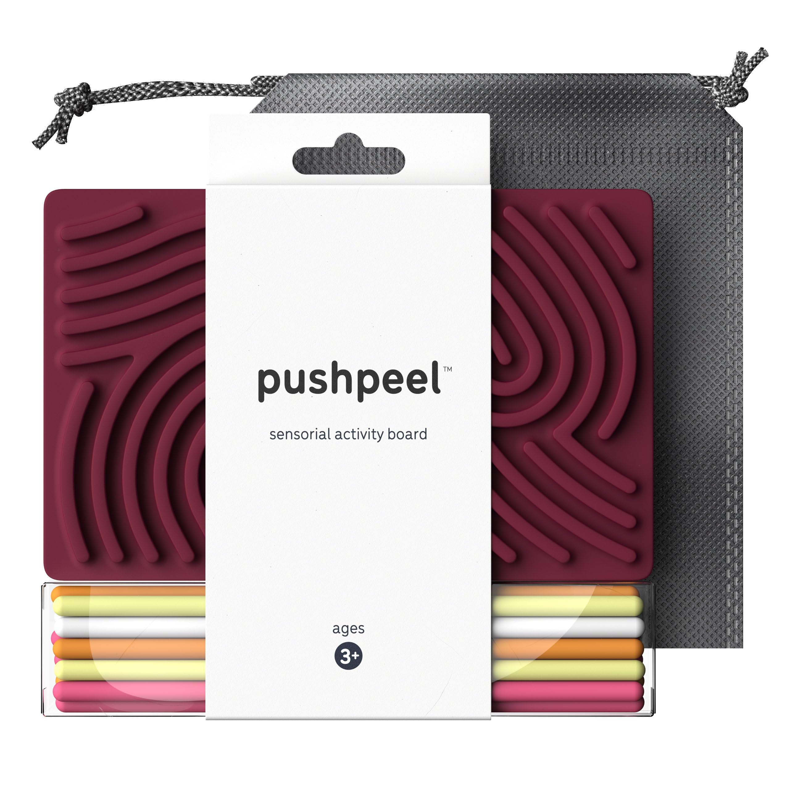Pushpeel tablero frontal empaquetado mostrando diseño y beneficios portátiles