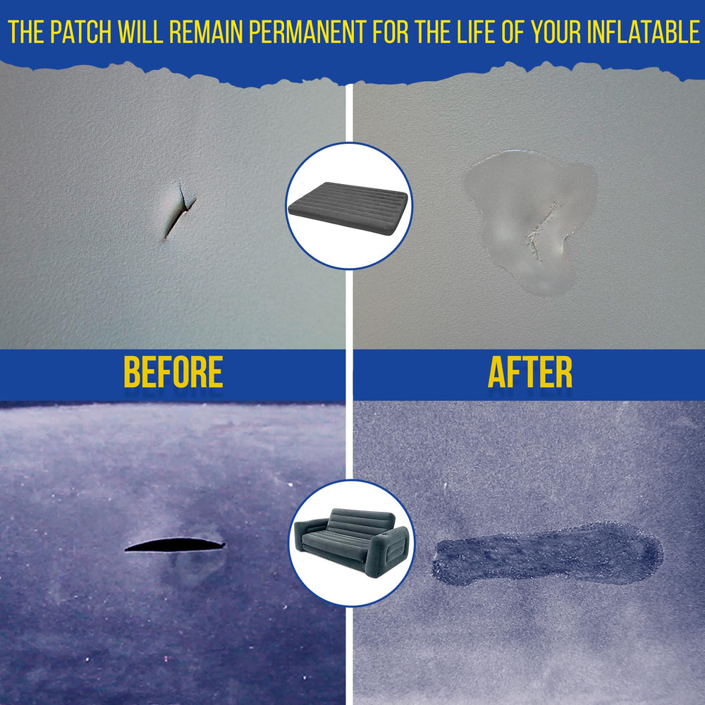 PVC Stitch en uso reparando un colchón de aire, beneficio: restaura estanqueidad rápidamente