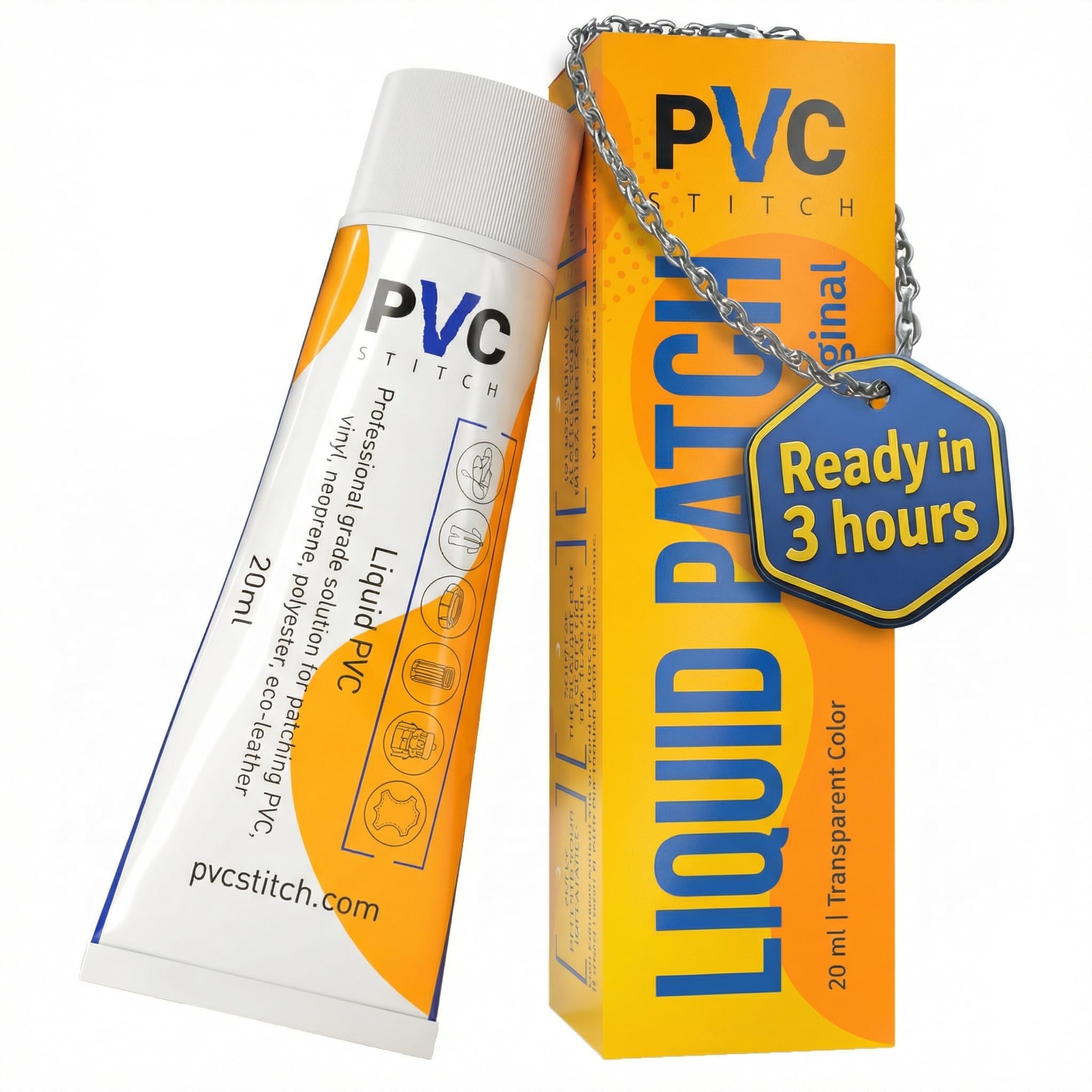 PVC Stitch empaque frontal mostrando el tubo de 20 ml y beneficio de reparación rápida