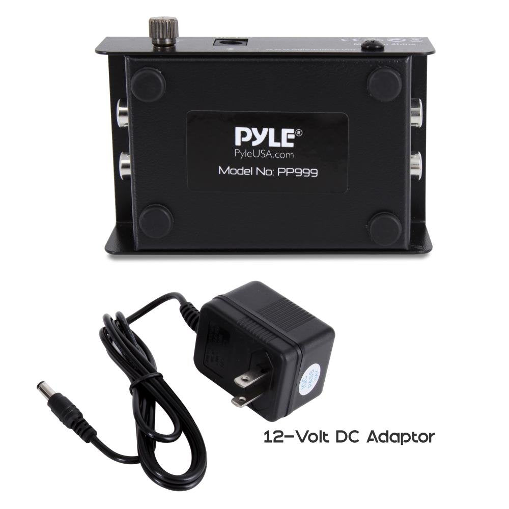 Pyle PP999 etiqueta de alimentación mostrando toma de 12V DC y estabilidad eléctrica