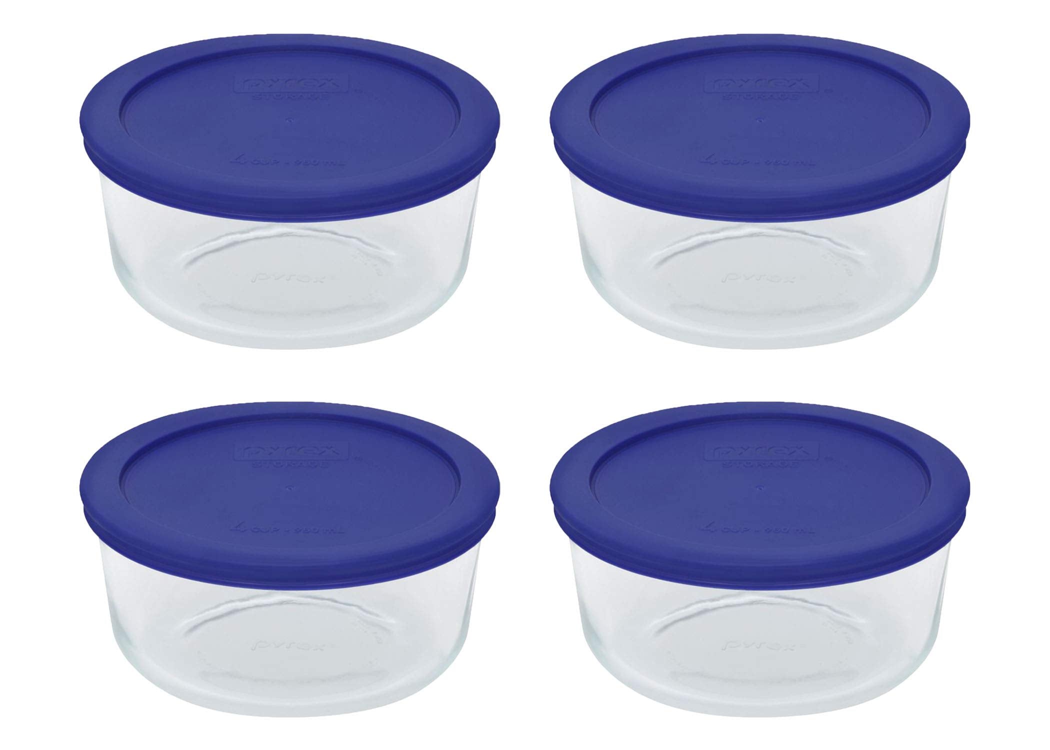 Pyrex mostrando el frontal del paquete con cuatro cuencos y tapas azul cadete para almacenamiento confiable