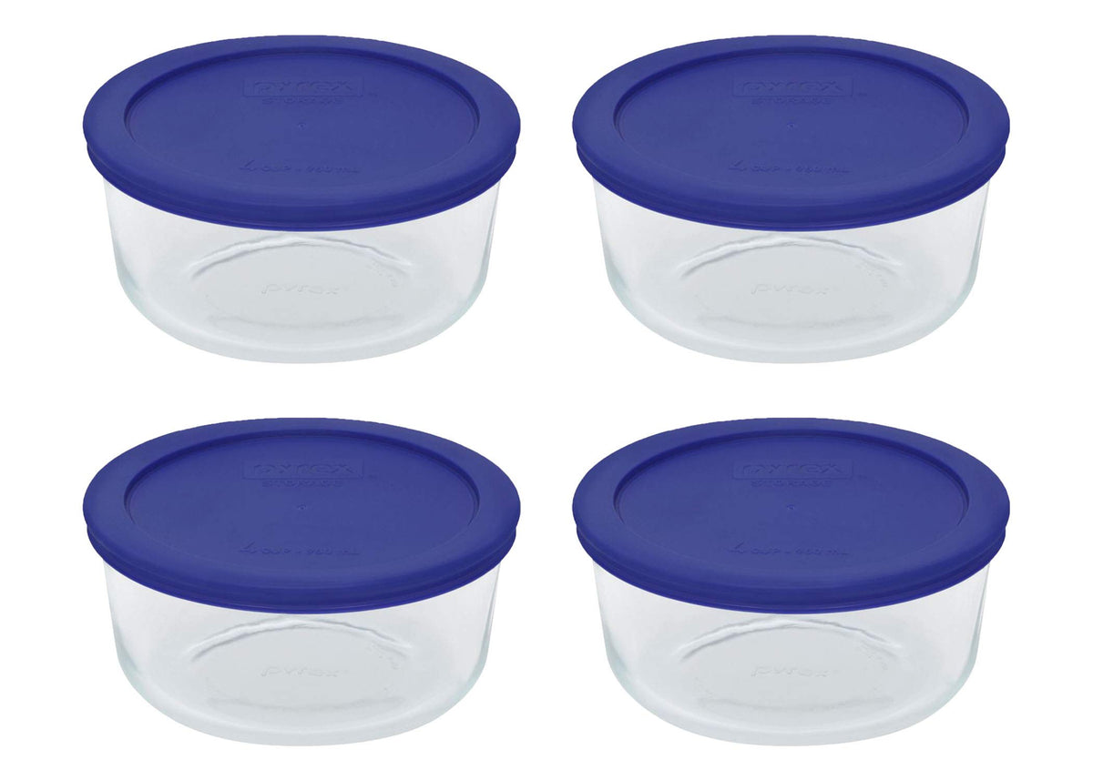 Pyrex mostrando el frontal del paquete con cuatro cuencos y tapas azul cadete para almacenamiento confiable