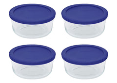 Pyrex mostrando el frontal del paquete con cuatro cuencos y tapas azul cadete para almacenamiento confiable