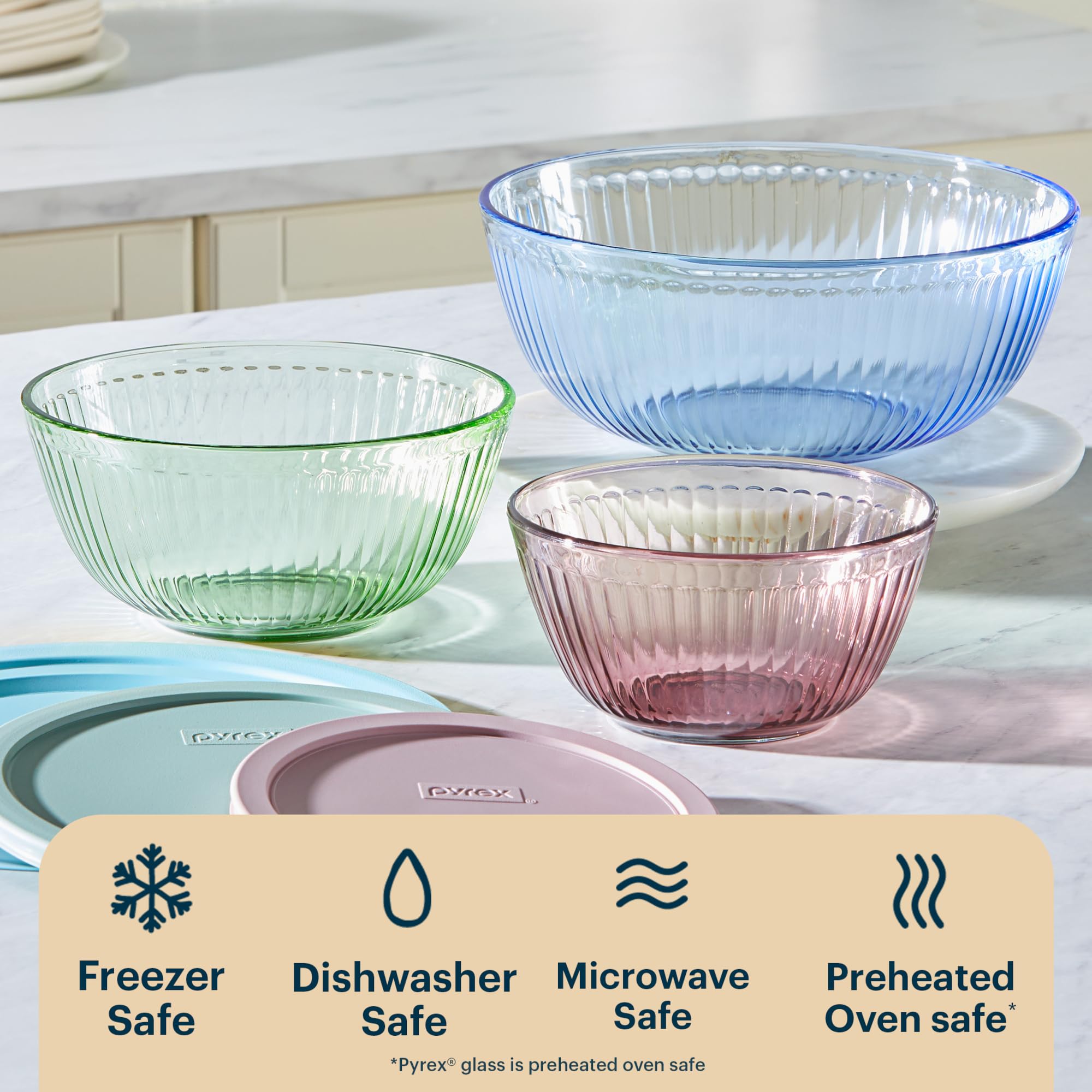 Pyrex comparación de tamaños sobre tabla, elección fácil según receta