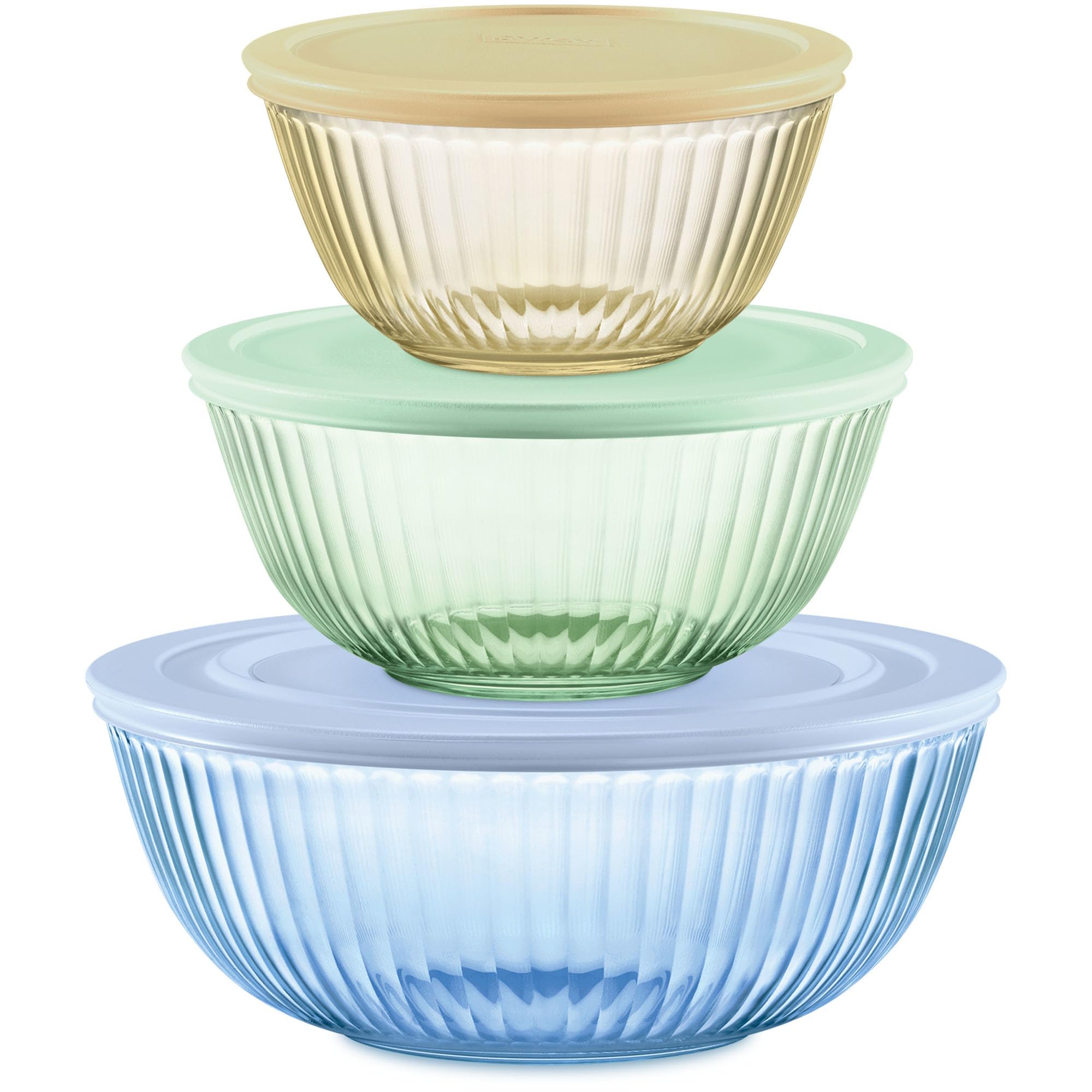 Pyrex set frontal mostrando los tres cuencos y tapas, ahorro de espacio