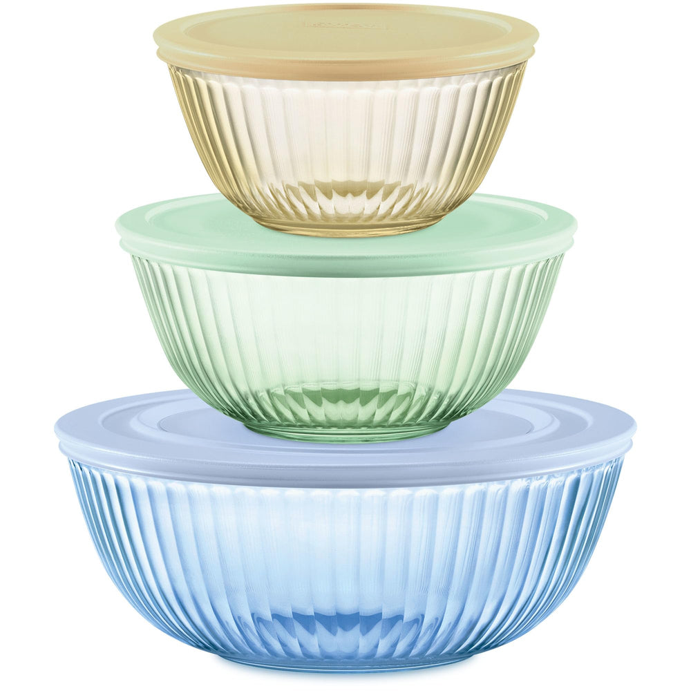 Pyrex set frontal mostrando los tres cuencos y tapas, ahorro de espacio