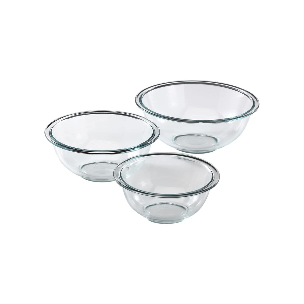 Pyrex frontal presentando los tres cuencos, versatilidad para preparar y servir