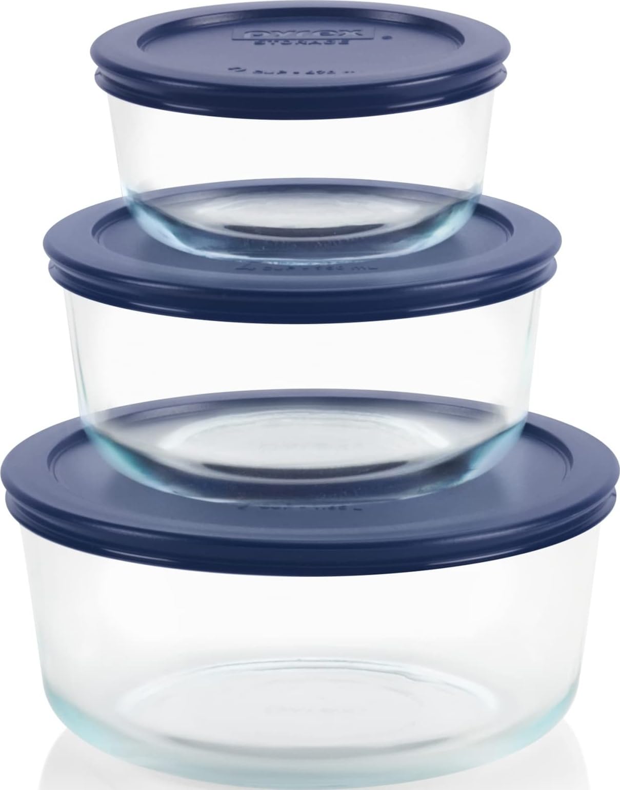 Pyrex vista frontal del set con tapas azules útil para almacenar