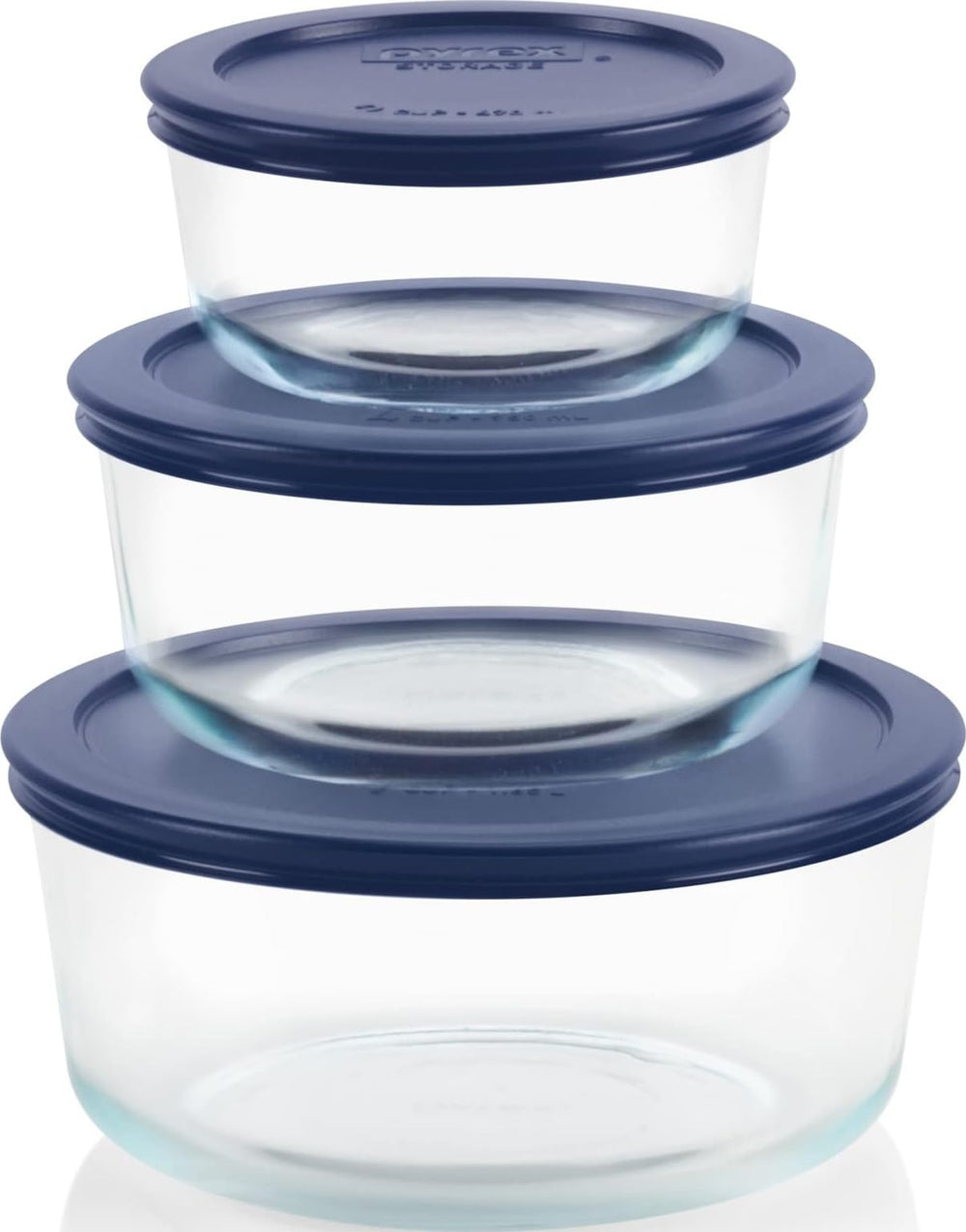Pyrex vista frontal del set con tapas azules útil para almacenar