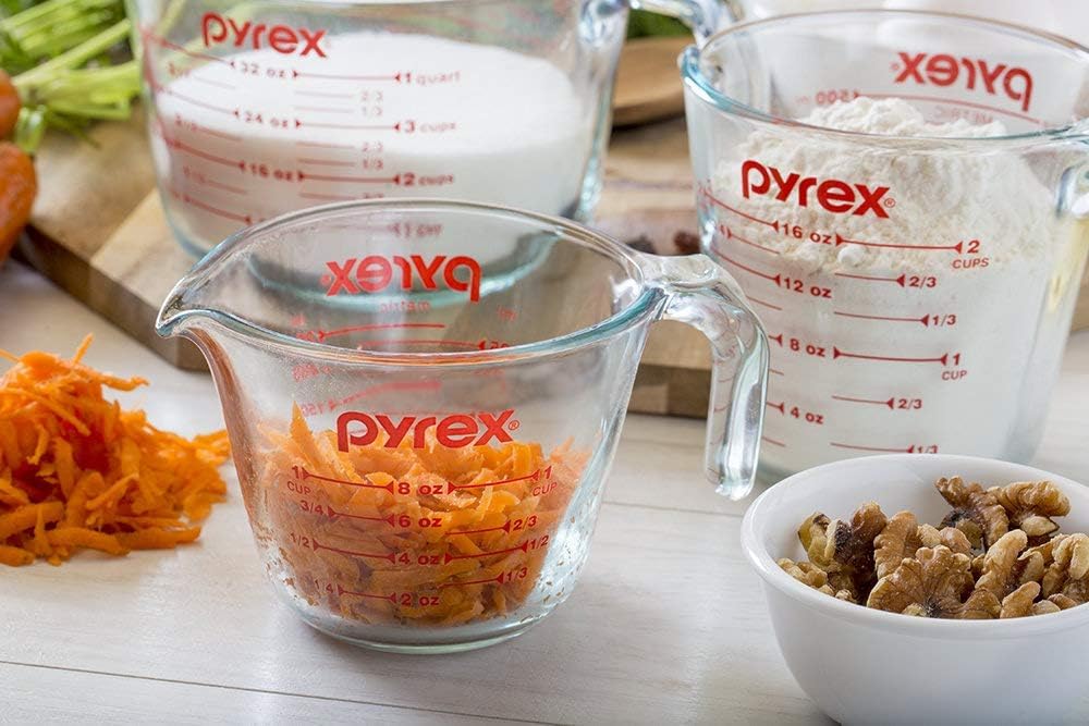 Pyrex cups side-by-side on counter showing scale and daily usefulness