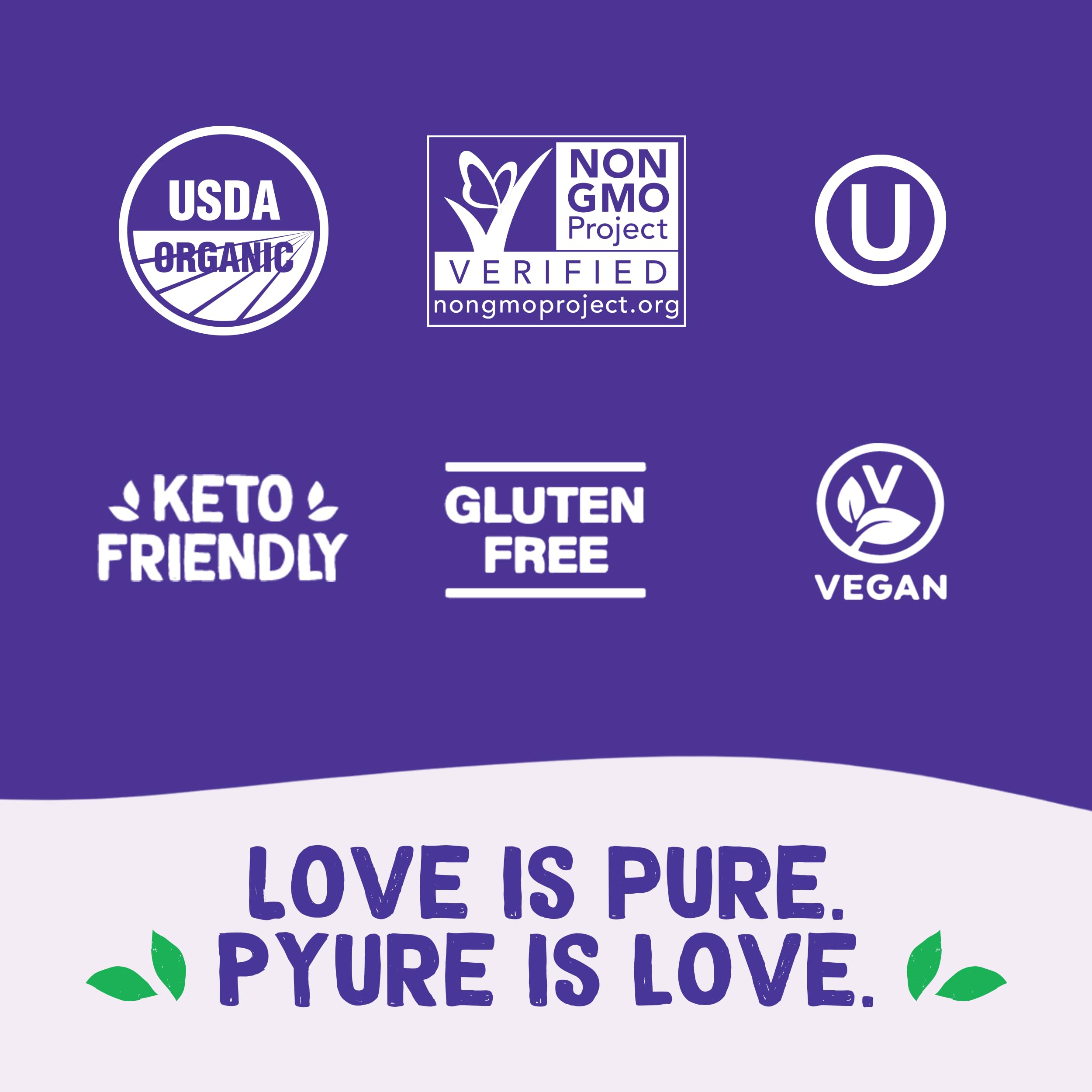 Pyure bolsa junto a una taza para comparar tamaño y cantidad disponible