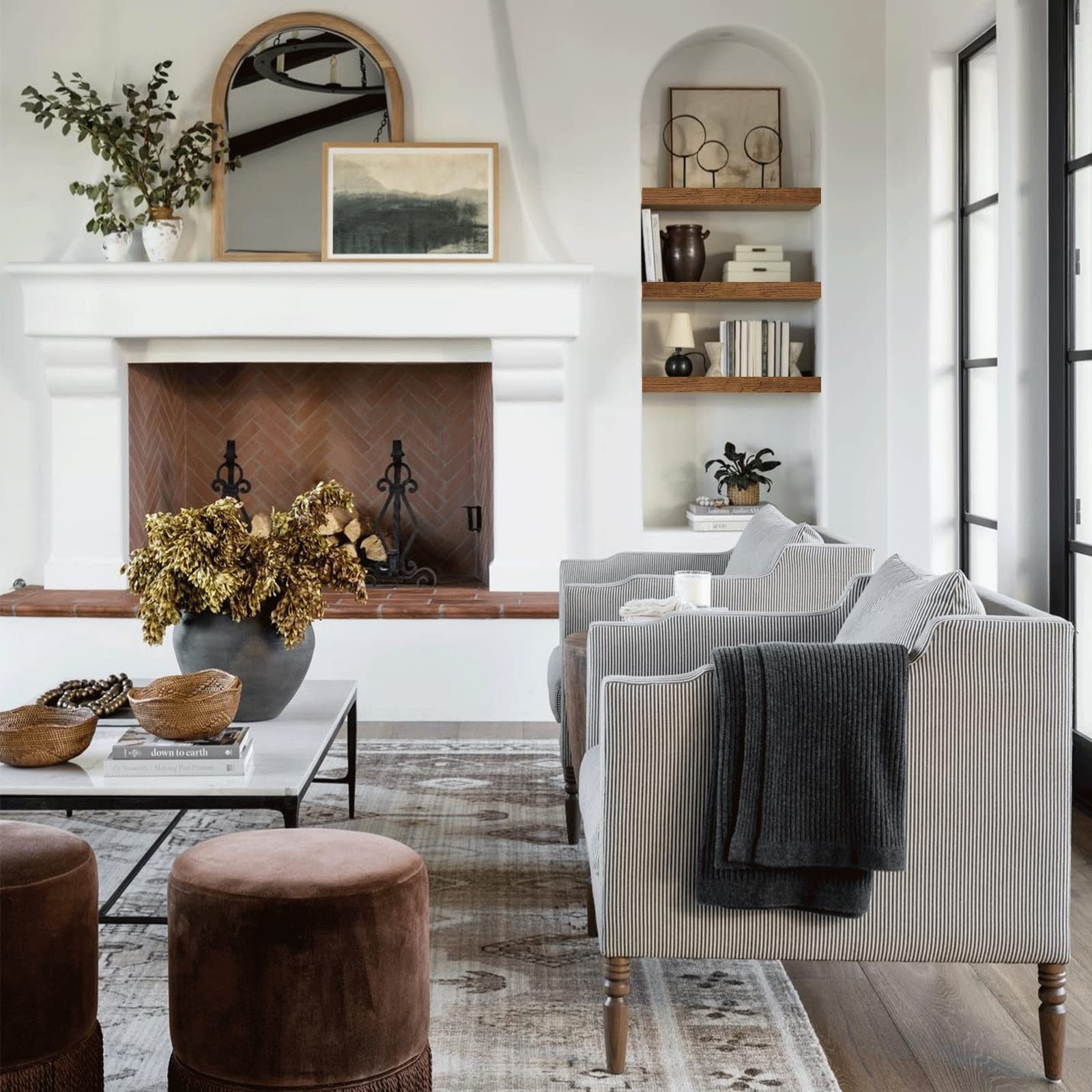 QEEIG repisas decoradas estilo farmhouse mostrando almacenamiento estético
