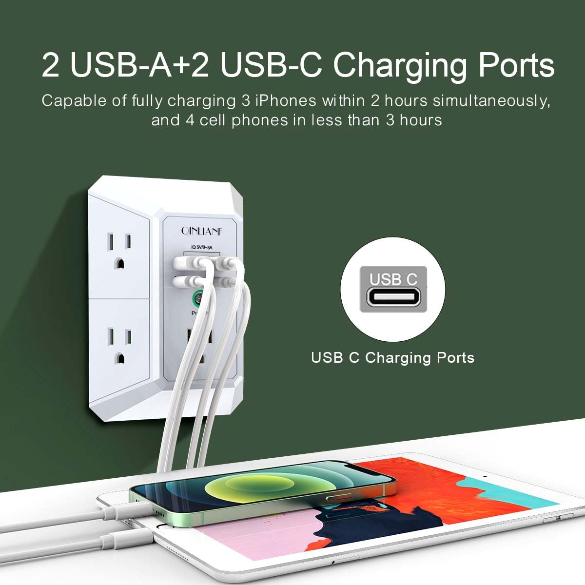 QINLIANF primer plano de 4 puertos USB y USB-C para carga rápida