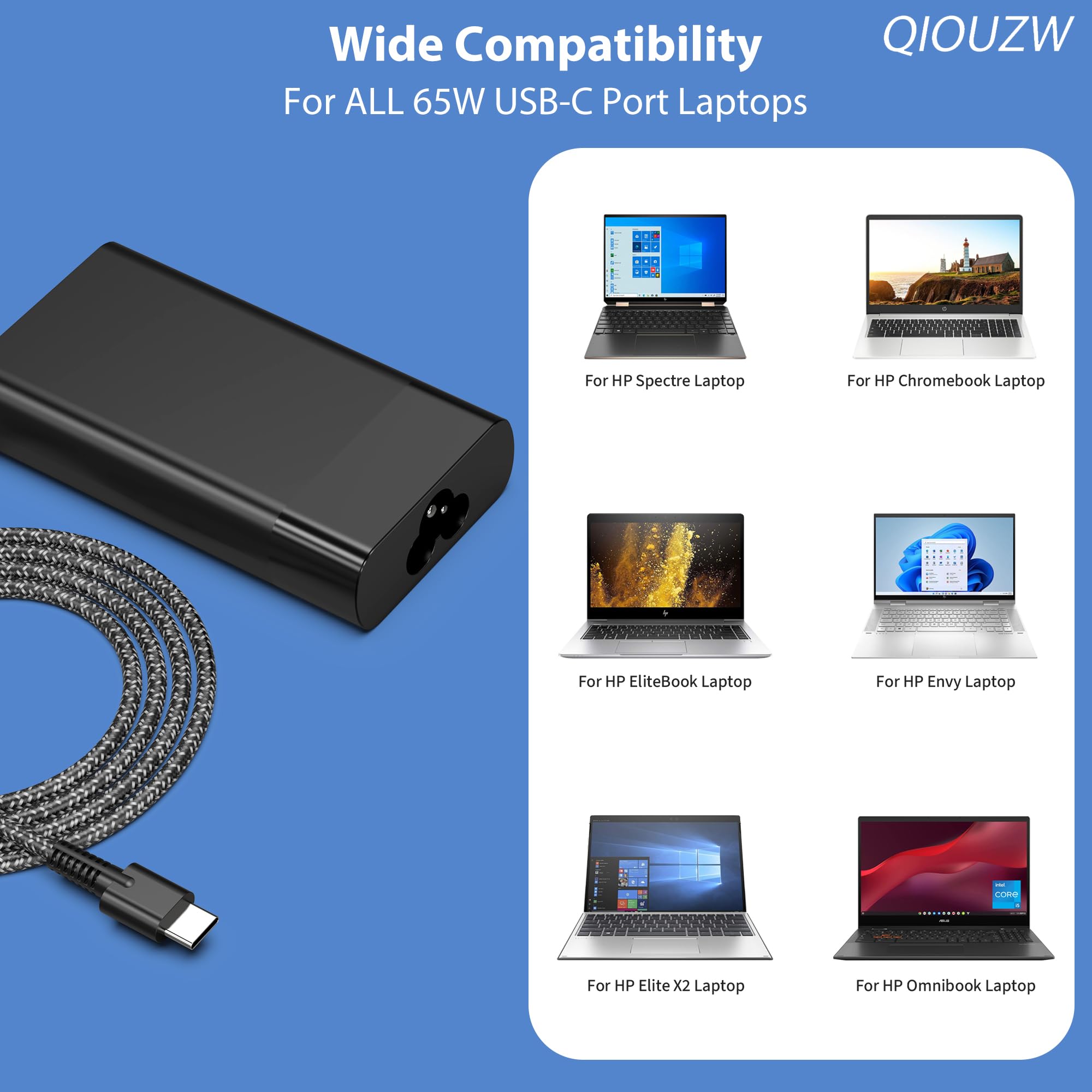 QIOUZW cargador en uso con laptop HP demostrando compatibilidad práctica