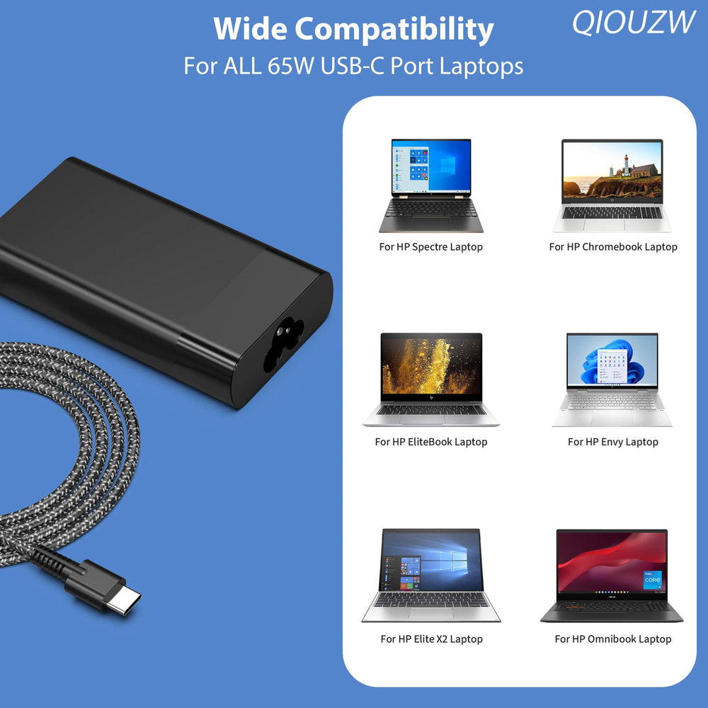 QIOUZW cargador en uso con laptop HP demostrando compatibilidad práctica