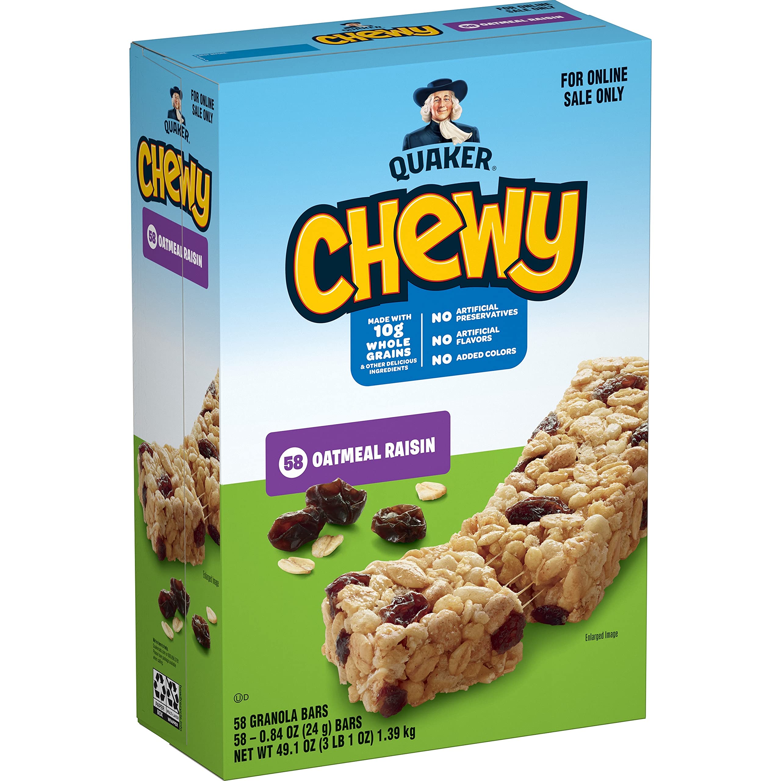 Quaker Chewy caja frontal mostrando 58 barras para abastecer hogares
