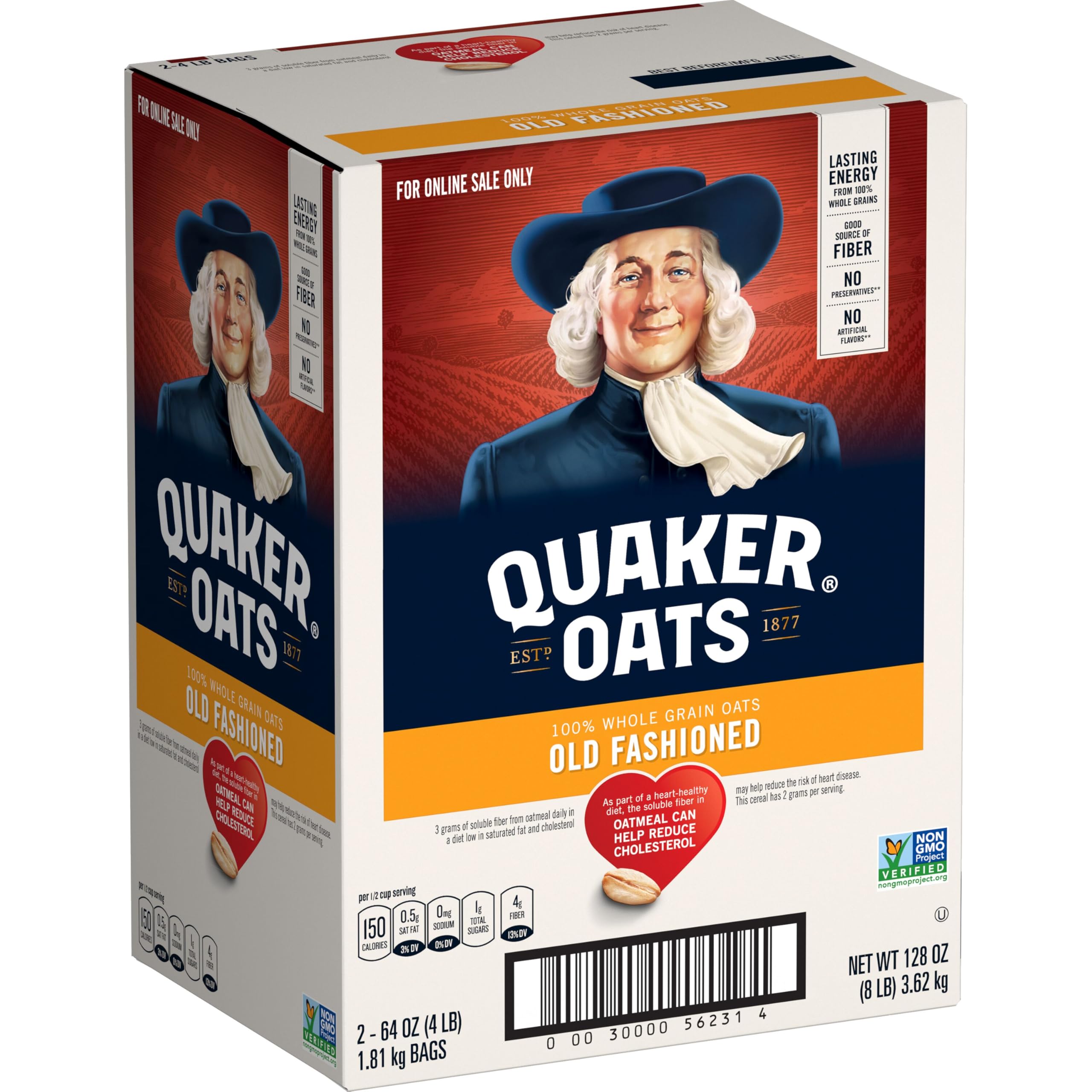 Quaker frasco y caja frontal mostrando dos bolsas, conveniencia de compra