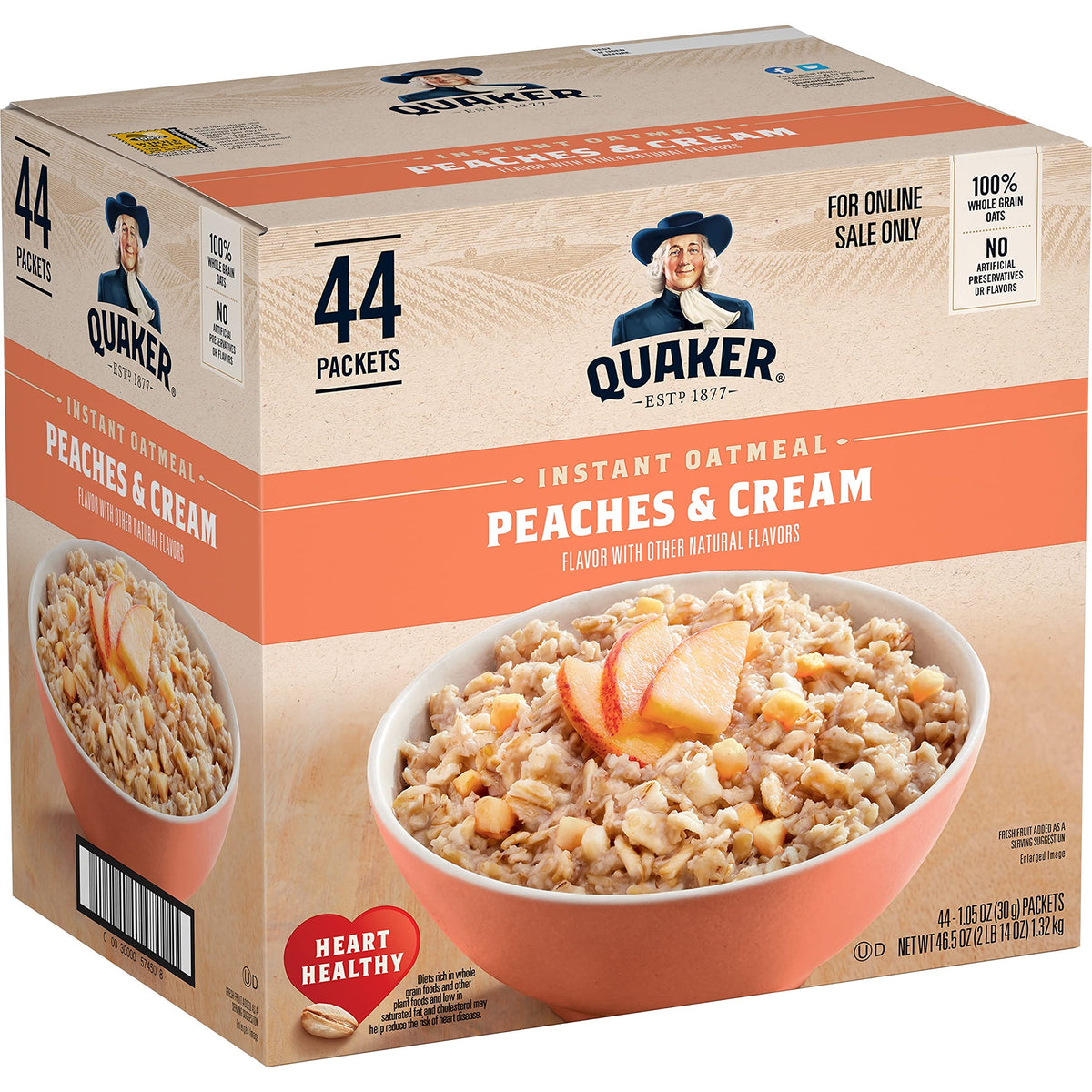 Quaker empaque frontal Durazno y Crema mostrando diseño y cantidad 44 sobres