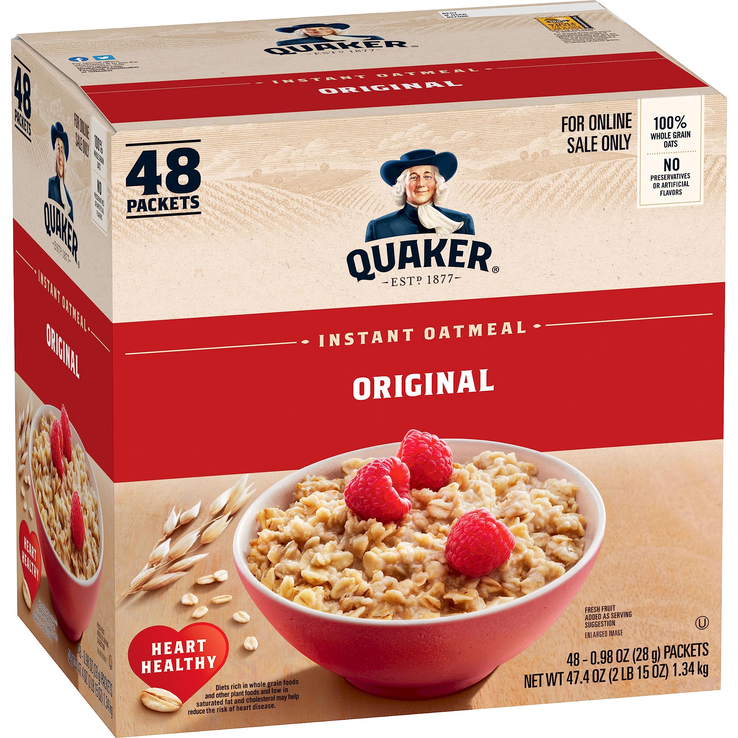 Quaker frente del paquete original muestra 48 sobres prácticos y lista rápida