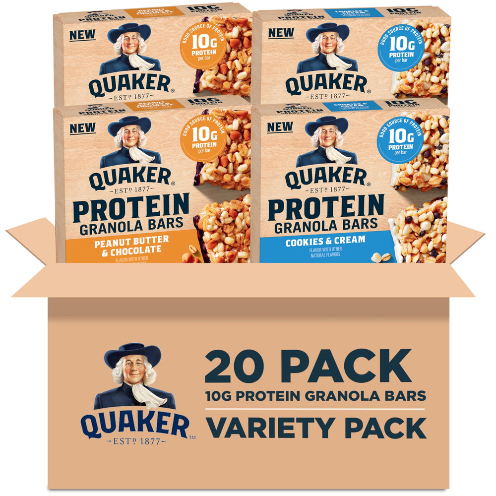 Quaker paquete frontal mostrando las 20 barritas y variedad de sabores, práctico y claro