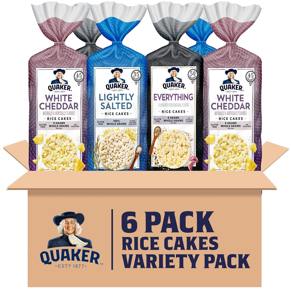 Quaker large rice cakes front packaging showing three-flavor variety pack benefit of convenience