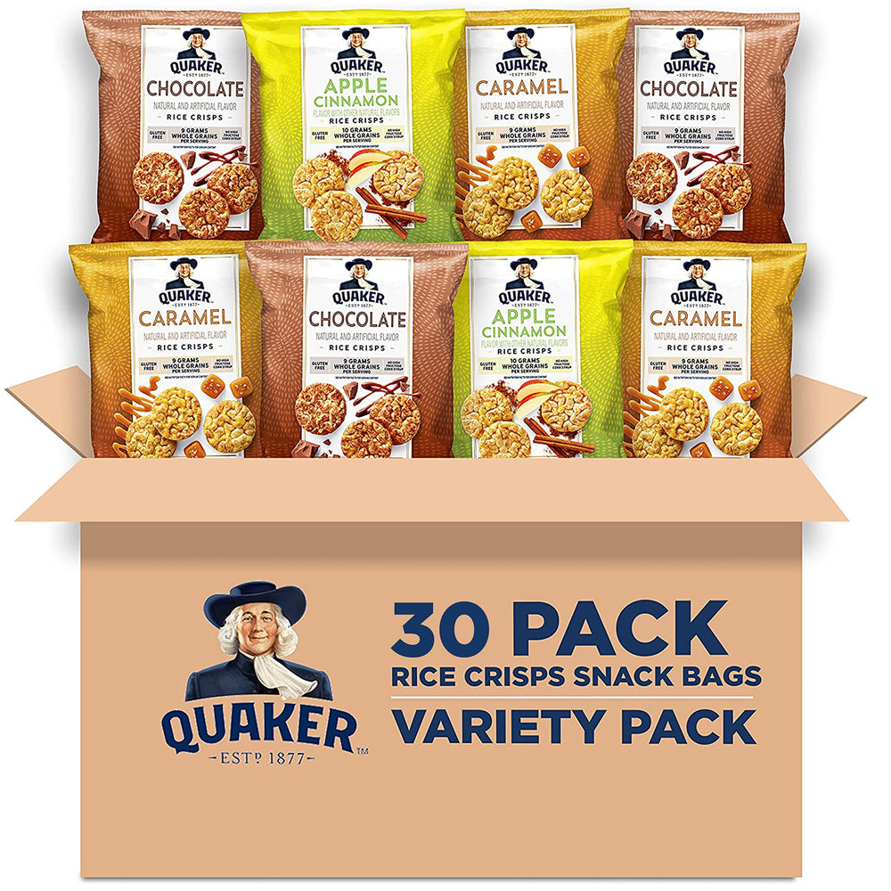 Quaker paquete frontal mostrando sabor y diseño, práctico para llevar