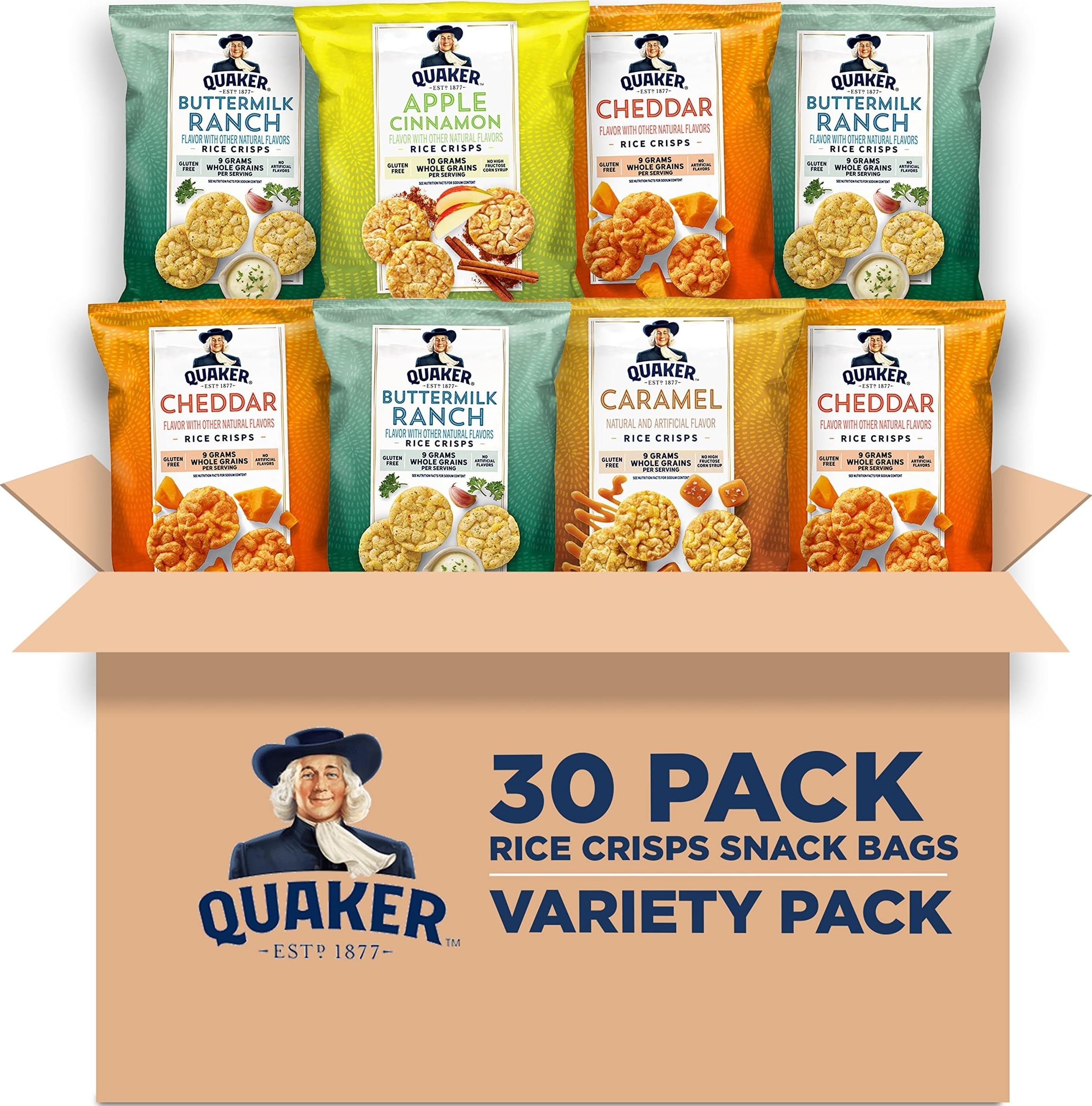 Quaker Rice Crisps frente del paquete mostrando variedad y comodidad