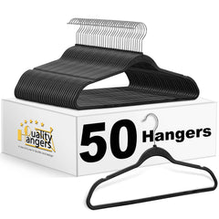 Quality Hangers paquete frontal de 50 perchas negras muestra ahorro de espacio