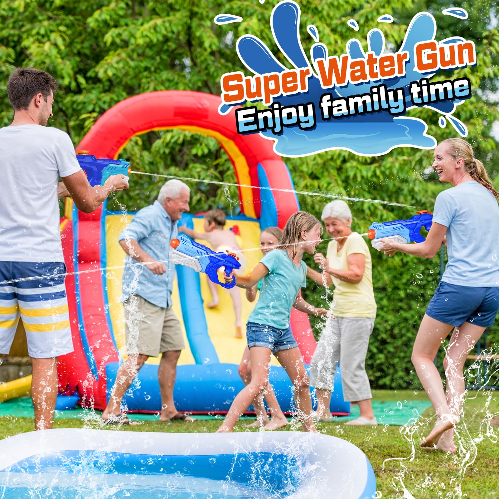 Quanquer juego en piscina con adultos y niños disfrutando batallas de agua