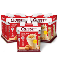 Quest batido caramelo salado frontal mostrando envase y marca, conveniencia inmediata