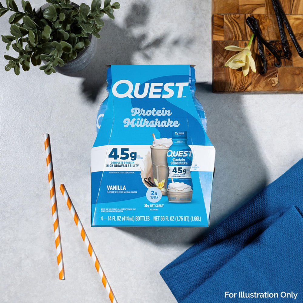 Quest batido en entorno de oficina como snack proteico práctico