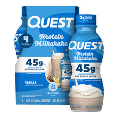 Quest batido vainilla frente del envase mostrando la marca y composición alta proteína