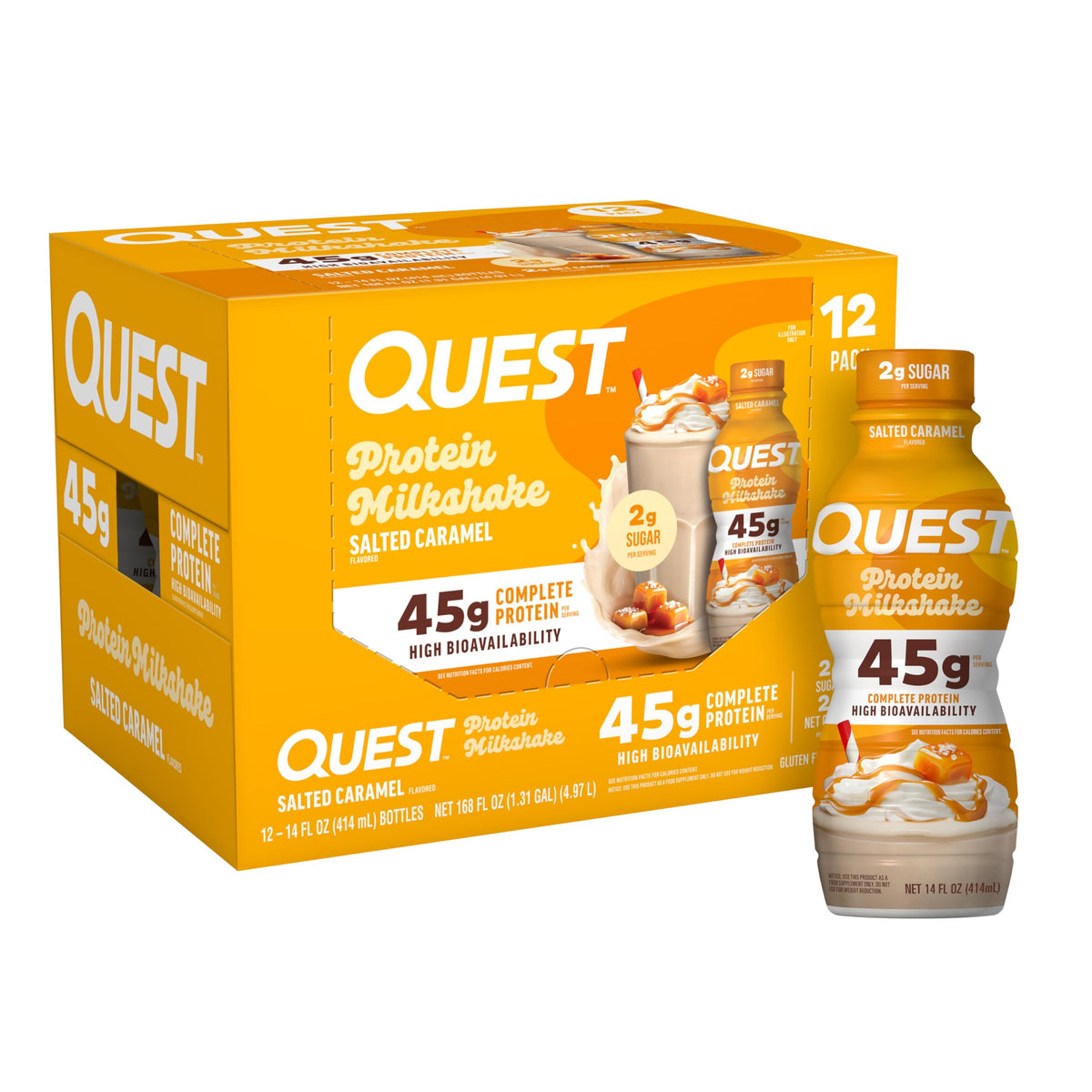 Quest botella frontal caramelo salado mostrando envase y beneficio proteico
