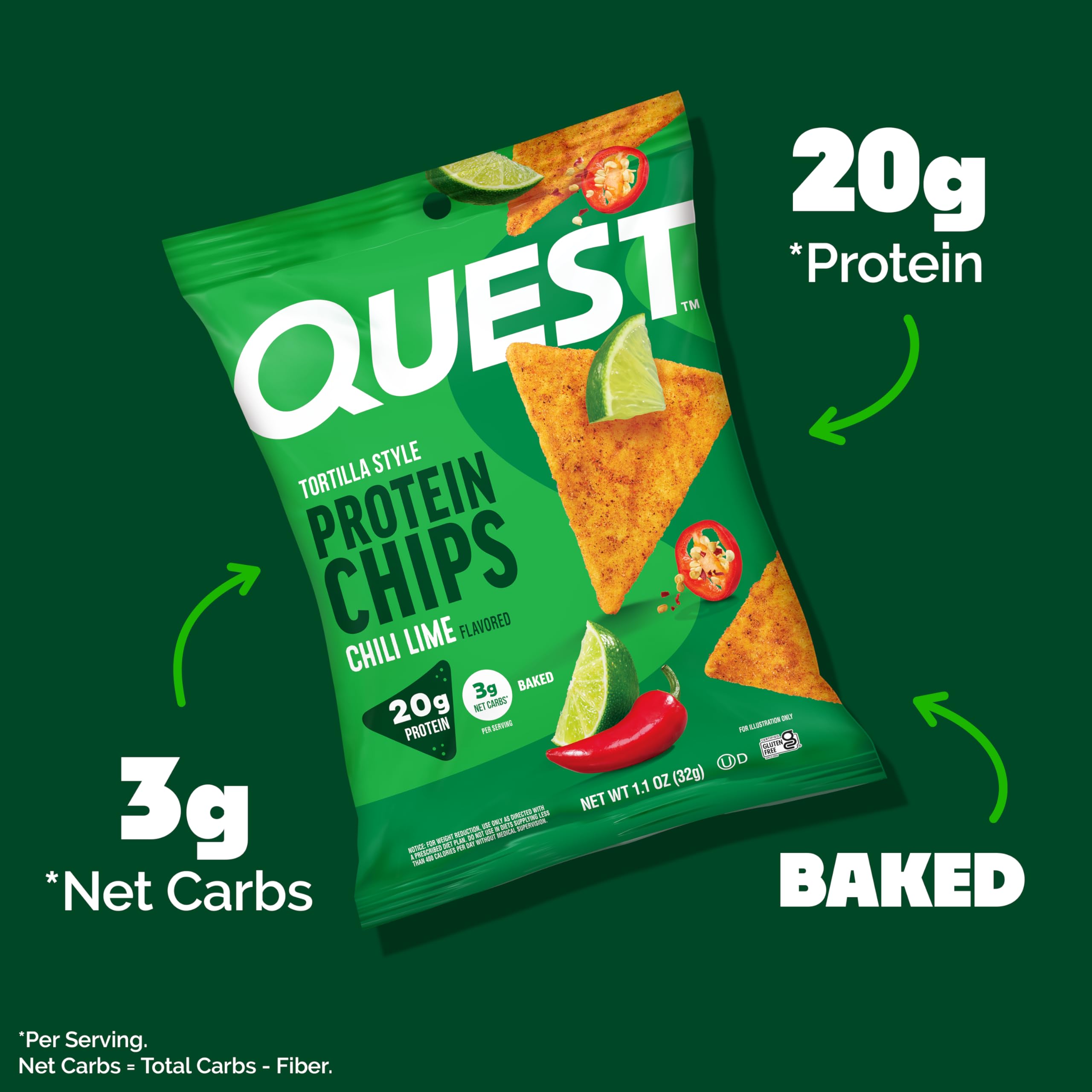 Quest close-up of chip texture and seasoning highlighting crunchy baked texture and bold flavor