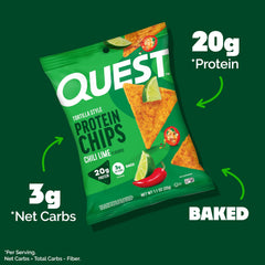 Quest close-up of chip texture and seasoning highlighting crunchy baked texture and bold flavor