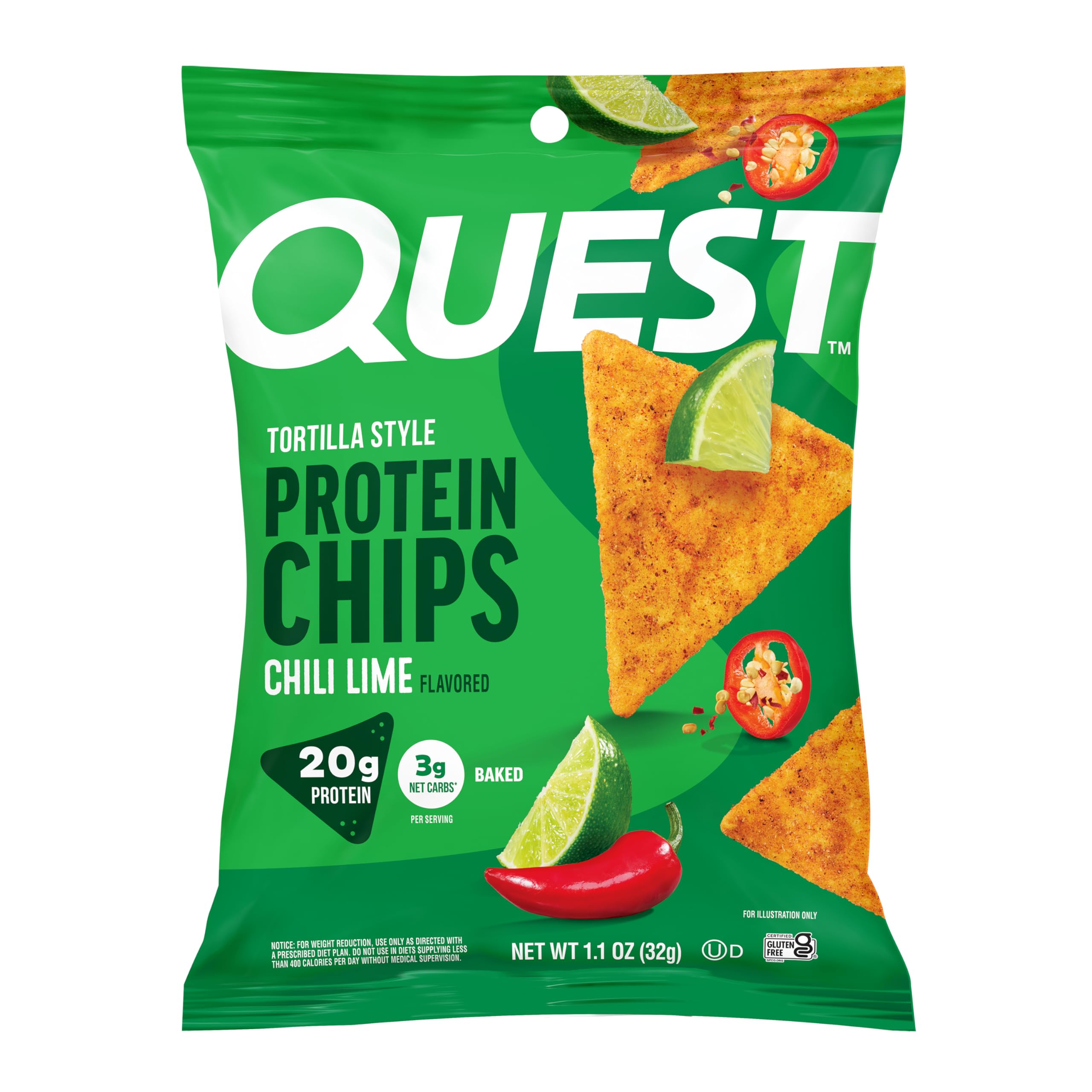 Quest front packaging showing 12-count box and chili lime branding, convenient protein snack