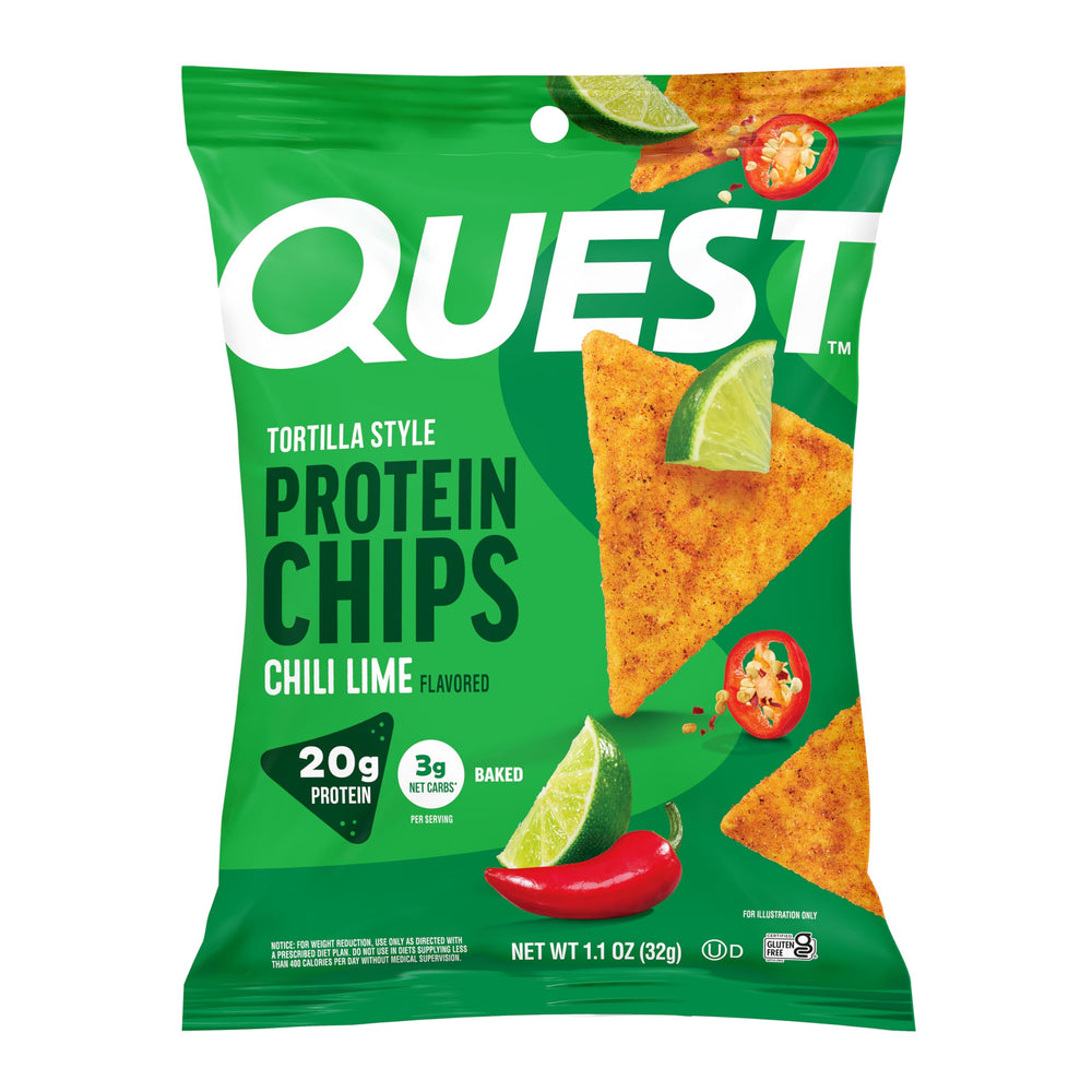 Quest front packaging showing 12-count box and chili lime branding, convenient protein snack