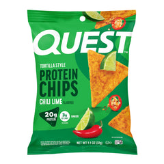 Quest front packaging showing 12-count box and chili lime branding, convenient protein snack