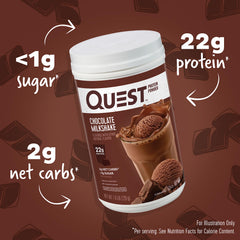 Close-up powder texture of Quest chocolate milkshake emphasizing smooth mixability