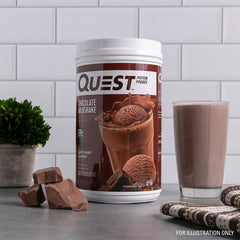 Prepared chocolate shake in a glass made with Quest providing a satisfying treat