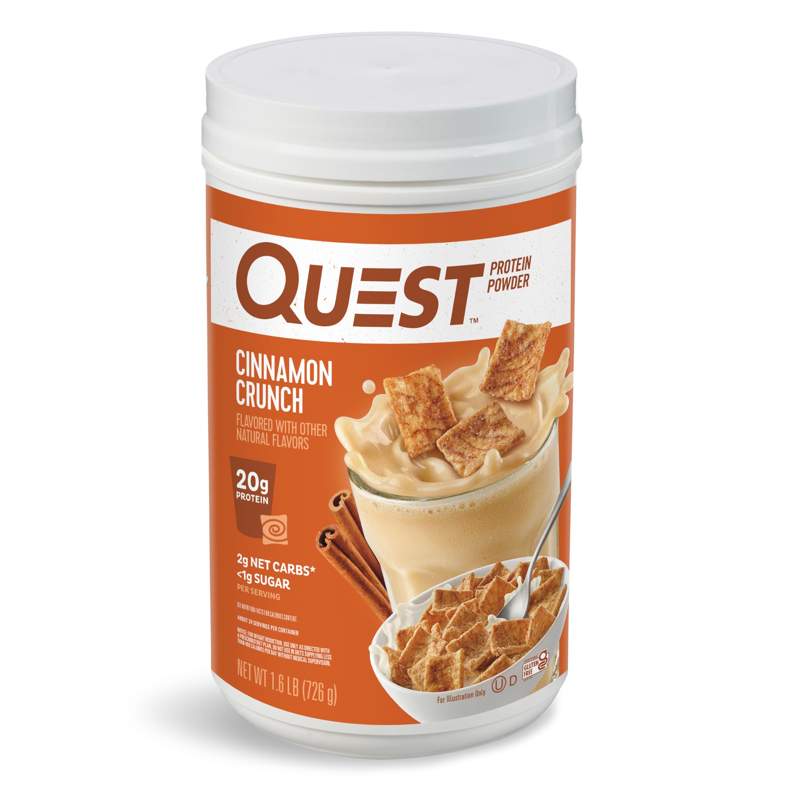 Quest bote frontal con etiqueta, muestra sabor cinnamon crunch y ventaja de bajo carbohidrato