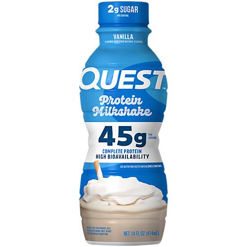 Quest comparación de tamaño con mano mostrando volumen de 14 fl oz