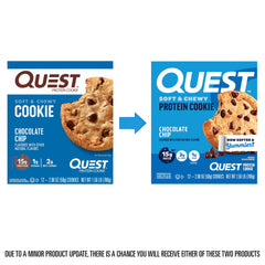 Quest close-up of cookie texture and chips highlighting soft, indulgent bite