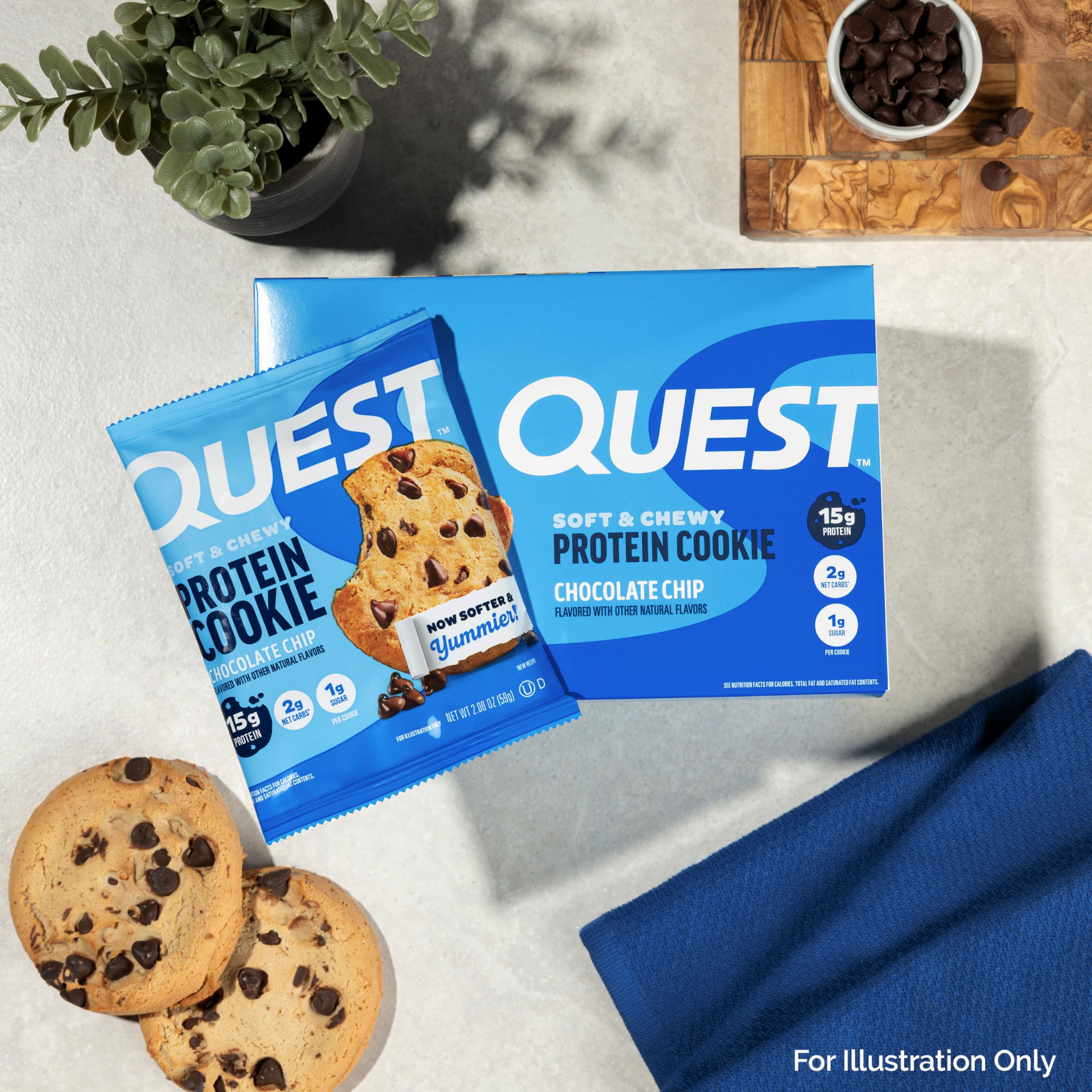 Quest cookie on a plate in a kitchen suggesting tasty at-home snack