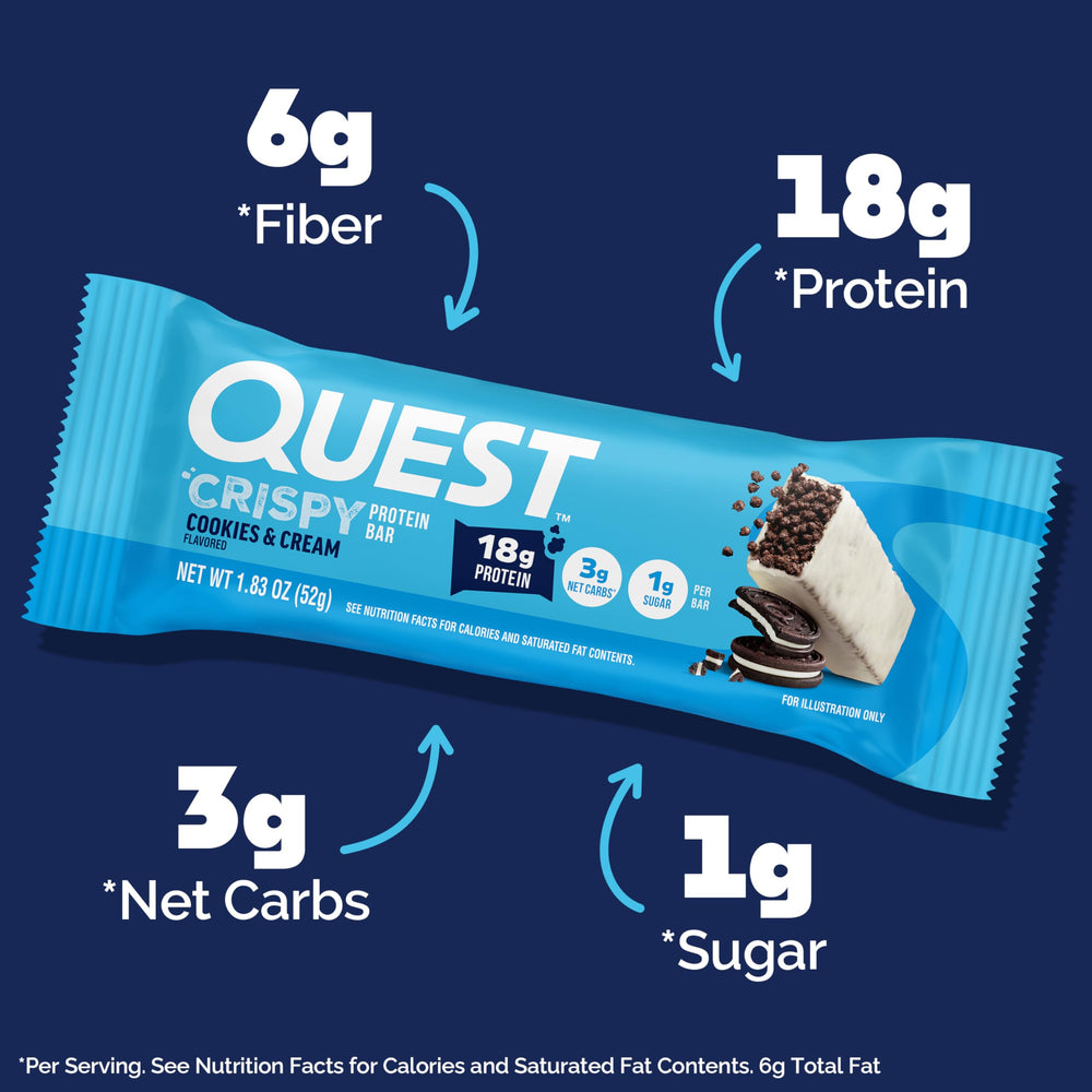 Quest unwrapped cookies and cream bar closeup highlighting creamy coating and indulgent taste
