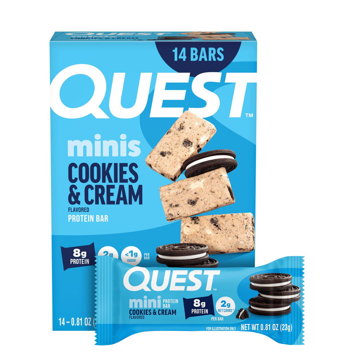 Quest mini cookies & cream frente del empaque mostrando sabor y porciones