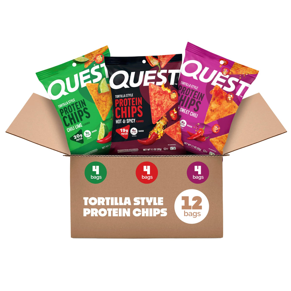 Quest packaging frontal con las tres variantes y beneficio de proteína